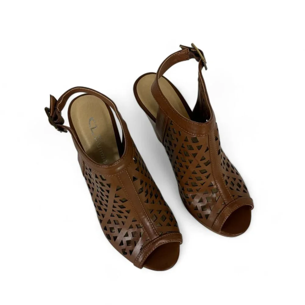 CL BY LAUNDRY Womens Ankle Buckle Sandal Size 7.5M Brown Faux Leather Perforated